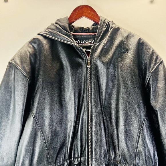 Vintage 1986 Wilsons Hooded Quilted Lined Leather Jacket Cinch‎ Waist 1X - Picture 2 of 14